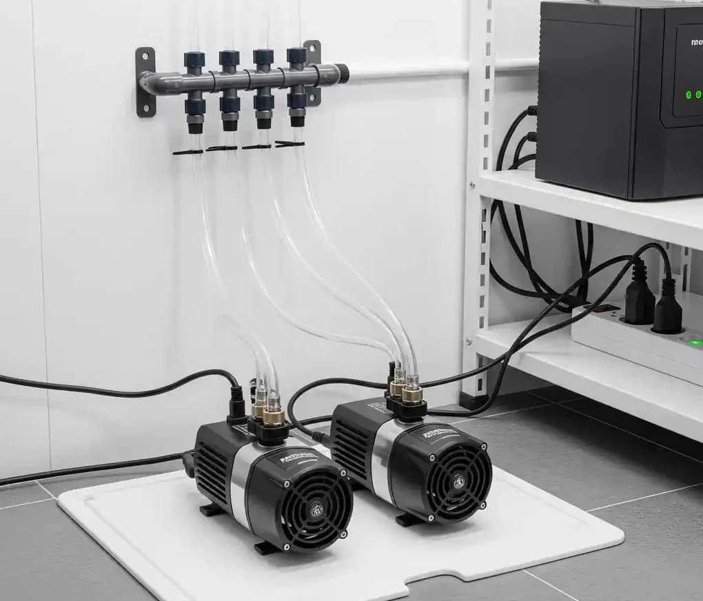An image showing two smaller air pumps connected to a multi-bucket system