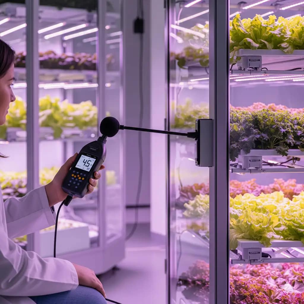 A person holding a decibel meter next to an indoor vertical farming tower to measure its operational noise level.