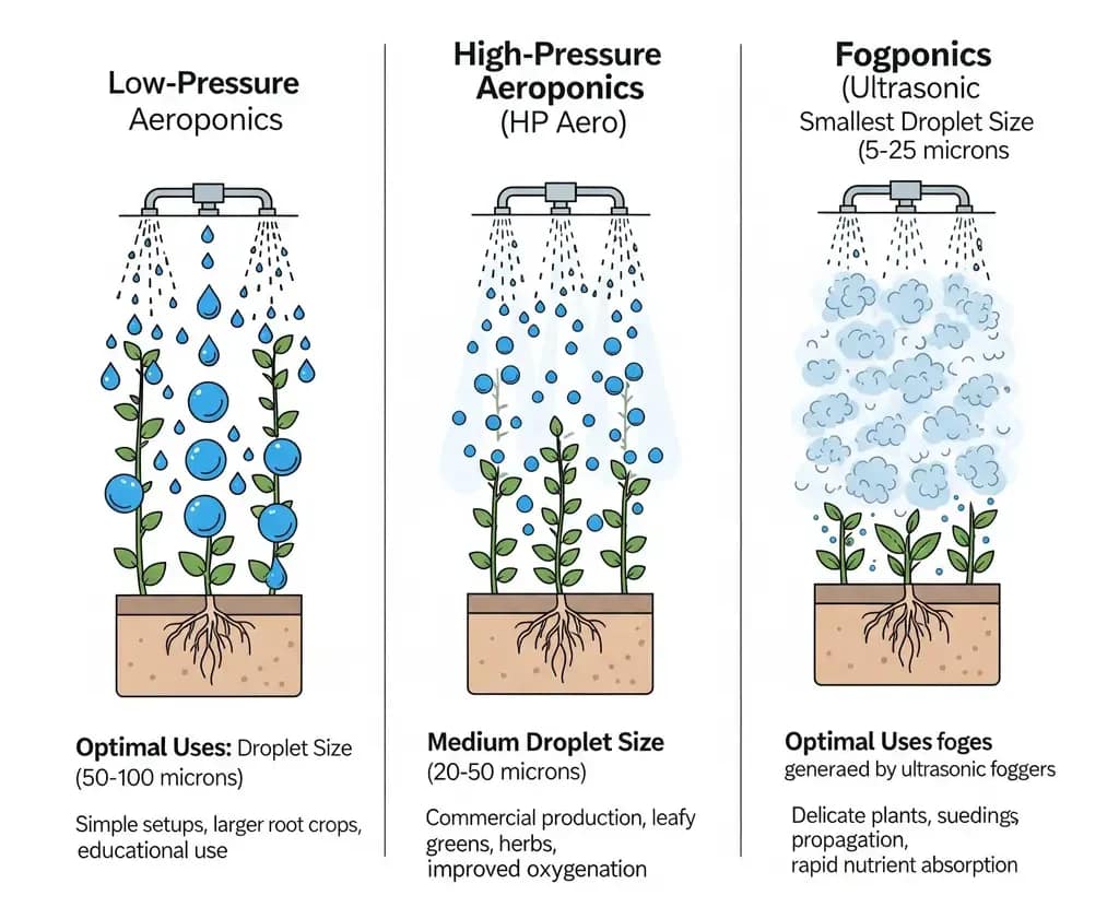 A diagram comparing Low-Pressure, High-Pressure, and Fogponic aeroponic systems, detailing their droplet size and optimal uses for indoor vertical gardens.