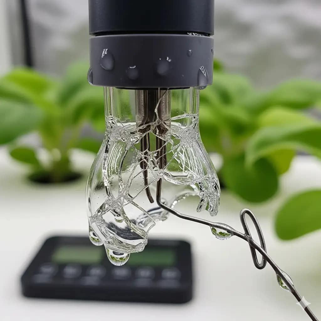  A close-up shot of a broken glass bulb on a hydroponic pH probe, illustrating common physical damage that leads to sensor failure.