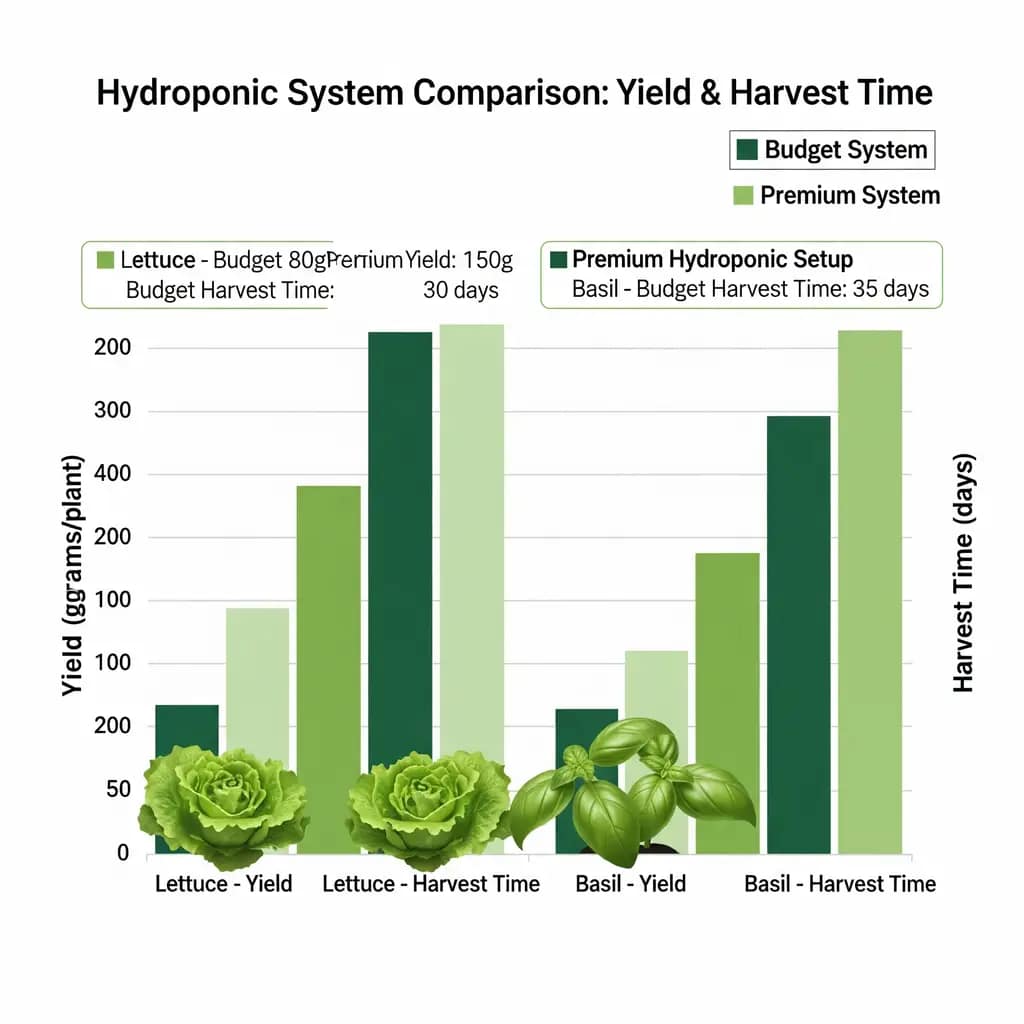 A bar chart comparing the yield and harvest time of a budget hydroponic system versus a premium setup for plants like lettuce and basil.