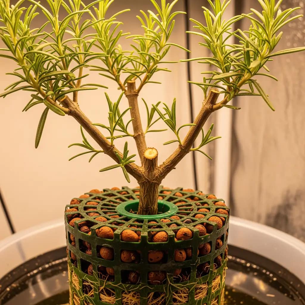 A visual guide on hydroponic cilantro showing a plant with a forming flower stalk and the correct point to prune.