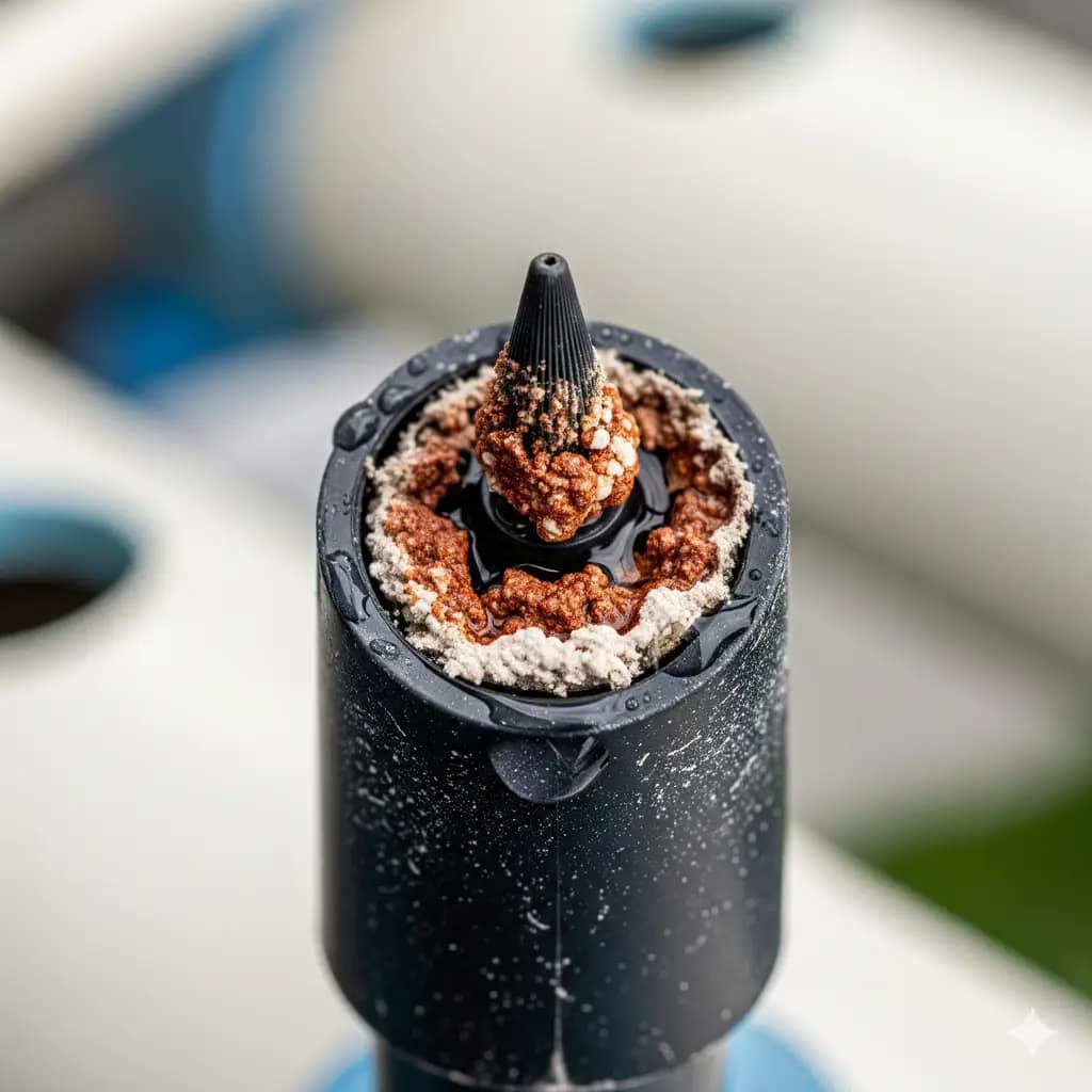 A macro photo of a clogged aeroponic mister nozzle, illustrating a common point of failure for high-pressure aeroponic systems.