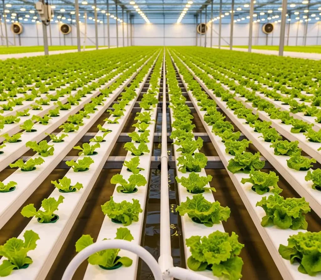 A commercial-grade Nutrient Film Technique (NFT) hydroponic channel system with rows of healthy lettuce plants.