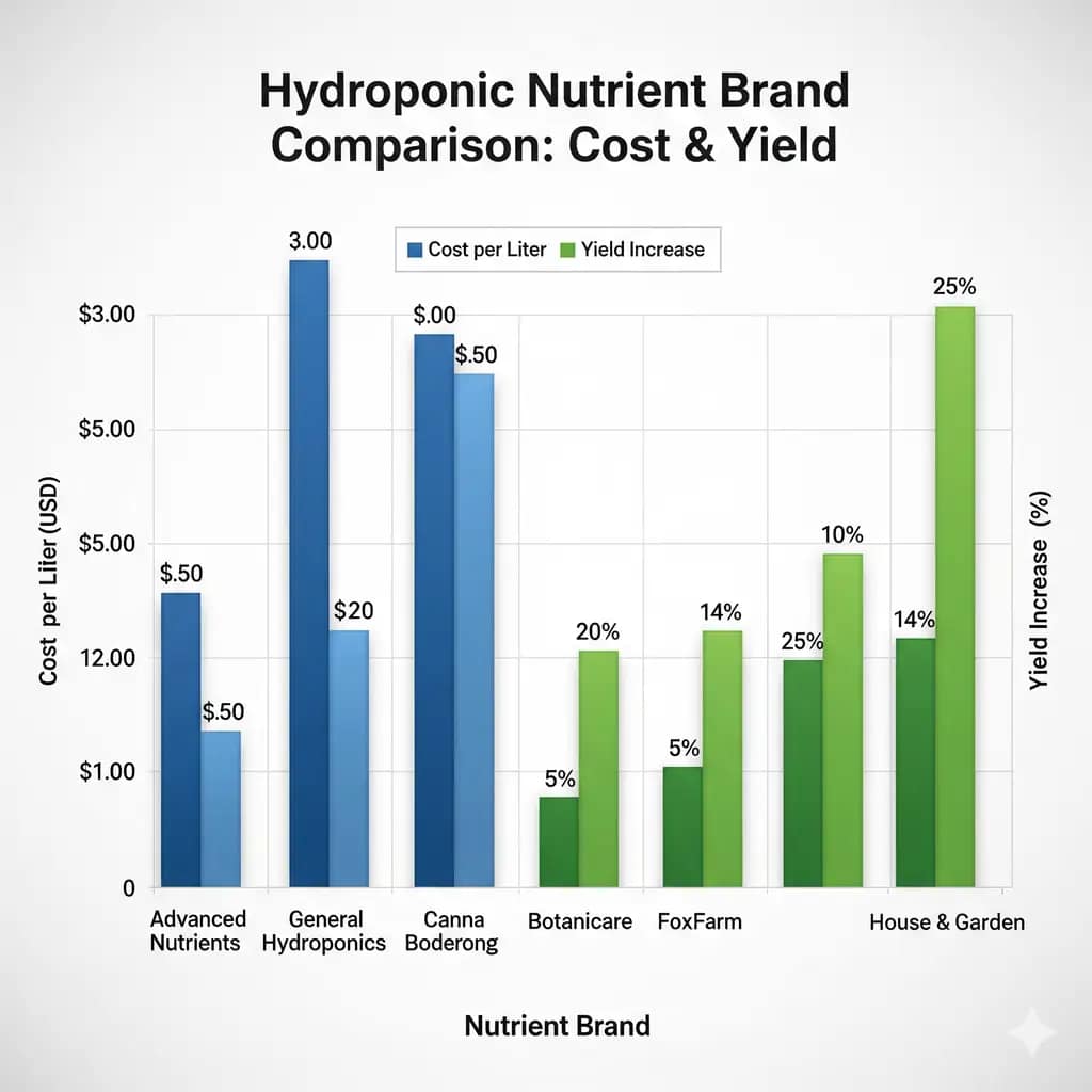  A bar chart visually comparing the cost per liter and yield increase of several popular hydroponic nutrient brands.