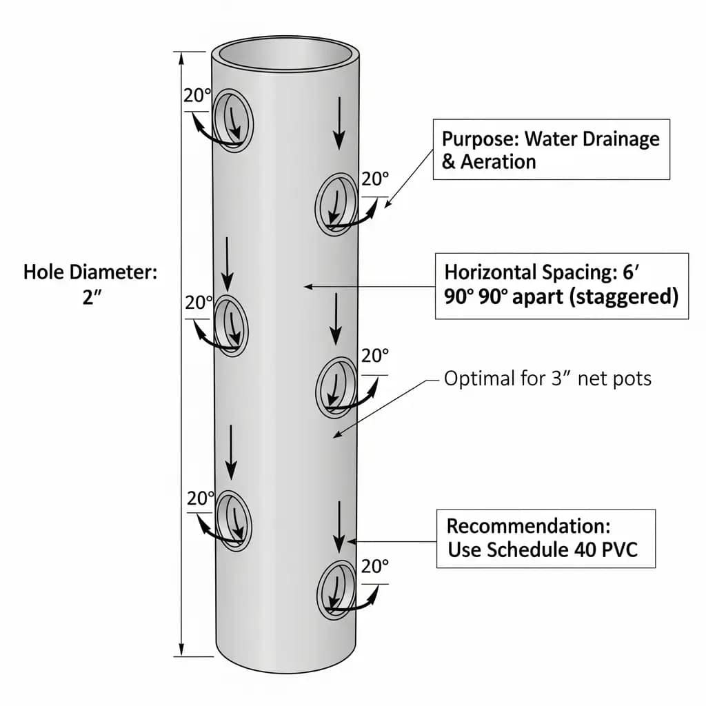 A diagram of a PVC pipe with a staggered hole pattern, indicating the ideal measurements and downward drilling angle for a vertical hydroponic garden.