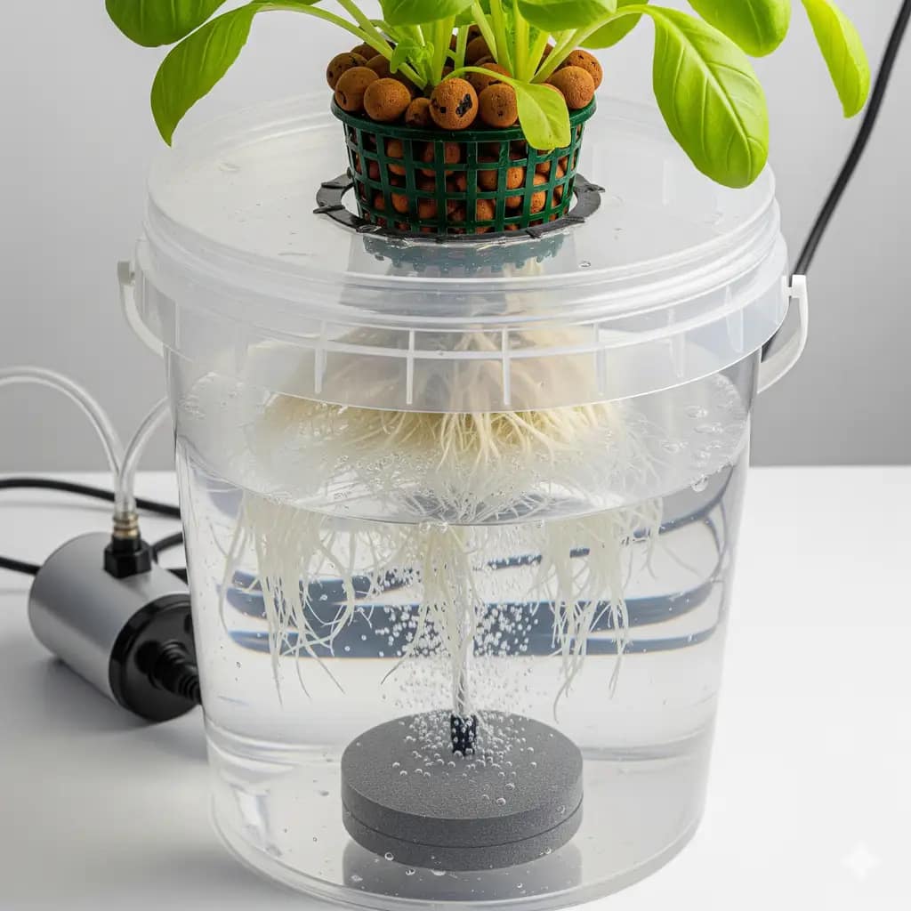 A simple, do-it-yourself Deep Water Culture (DWC) hydroponic bucket system with healthy, aerated roots.