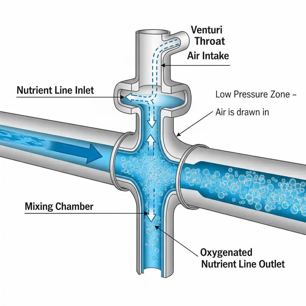 A diagram showing how a Venturi injector pulls air into a nutrient line to saturate the water with oxygen | Improving hydroponic water aeration for accelerated growth.