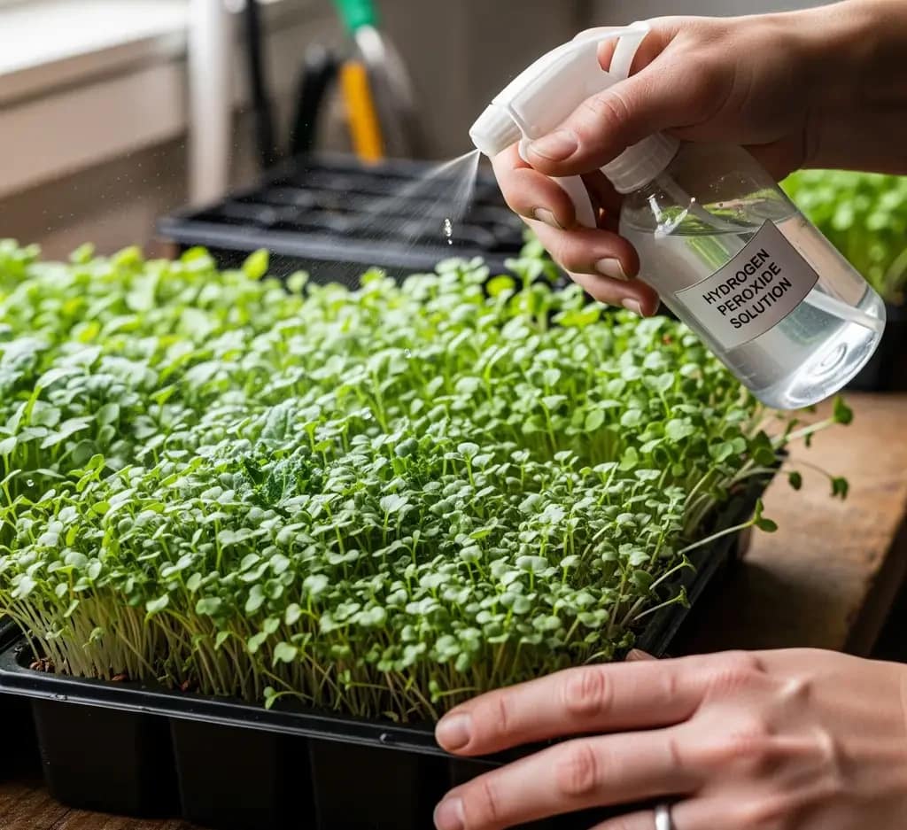 A grower spraying a solution of hydrogen peroxide on a tray of microgreens to combat Pythium and mold.