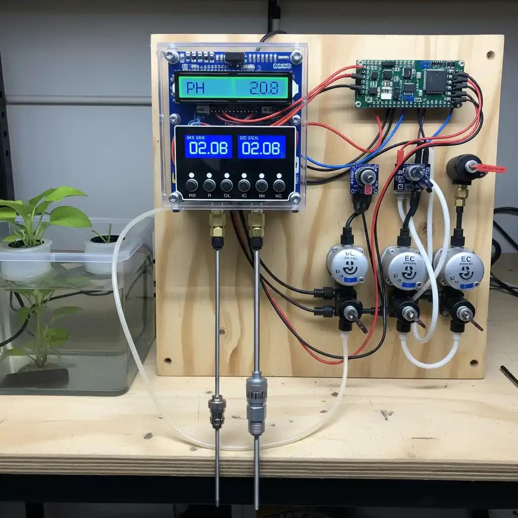 Budget hydroponic controller setup with pH and EC probes for automation