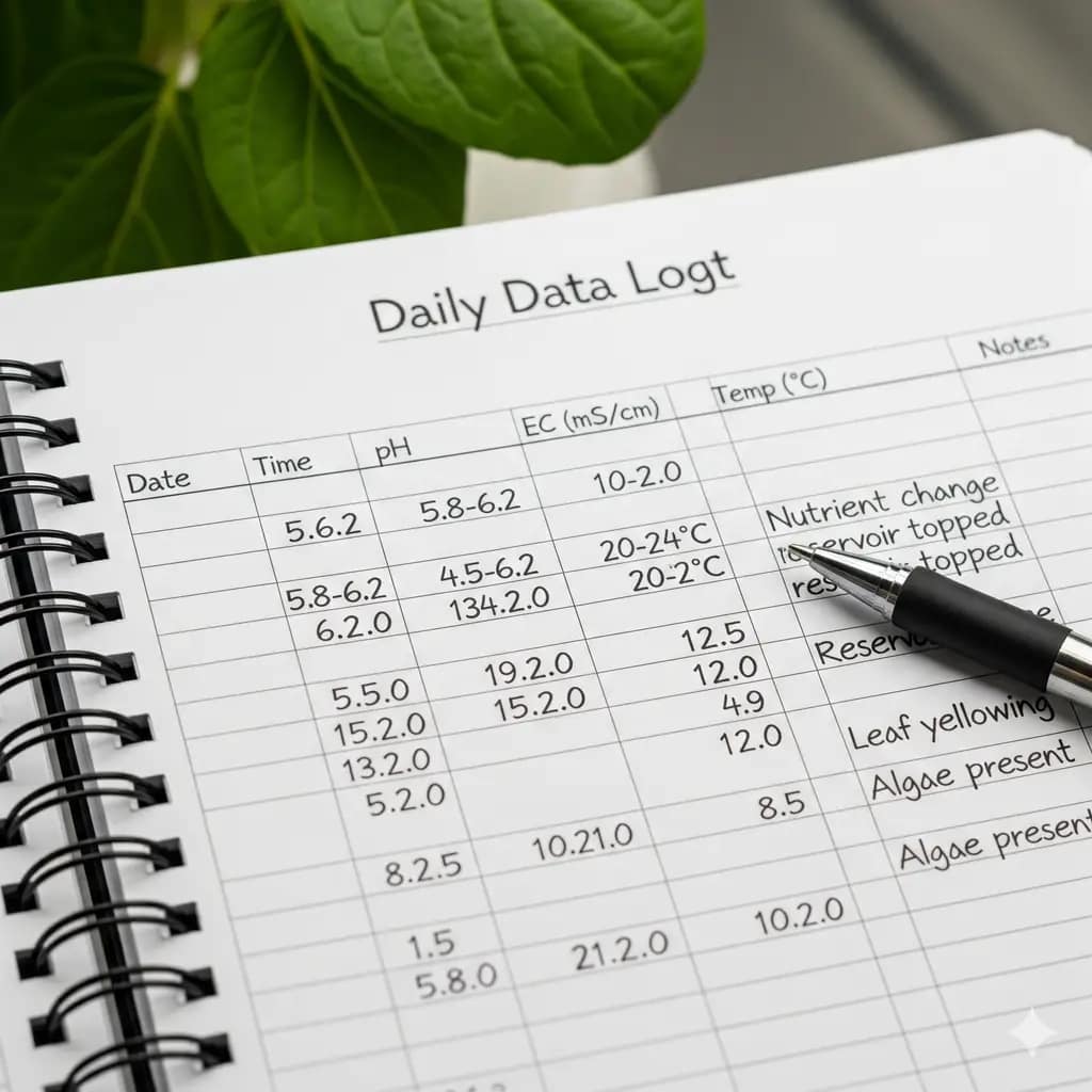 A close-up shot of a daily data log or spreadsheet showing pH, EC, temperature, and notes for a hydroponic garden.