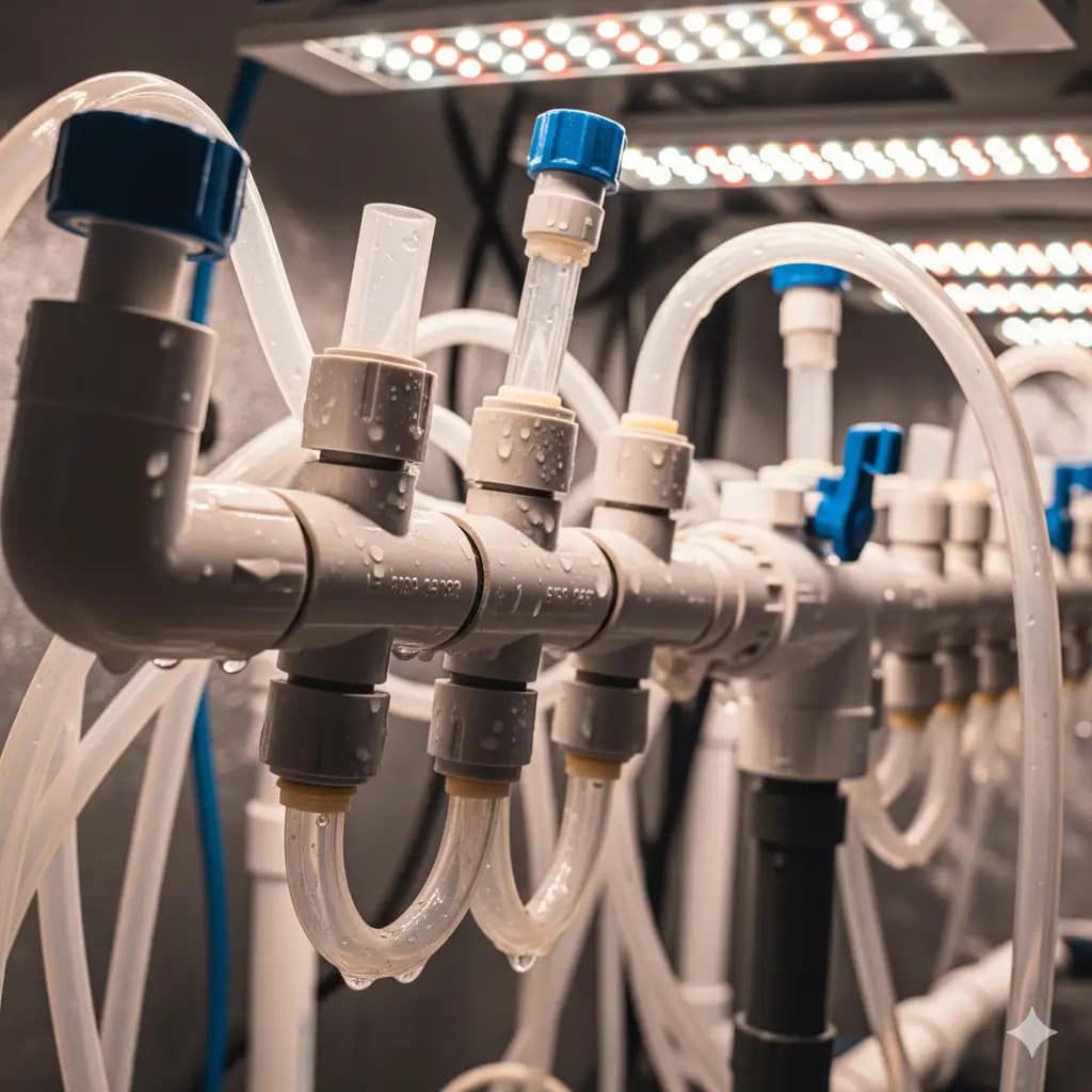 A close-up view of hydroponic manifold tubing, illustrating the difference between PVC and flexible silicone pipes and their impact on flow.