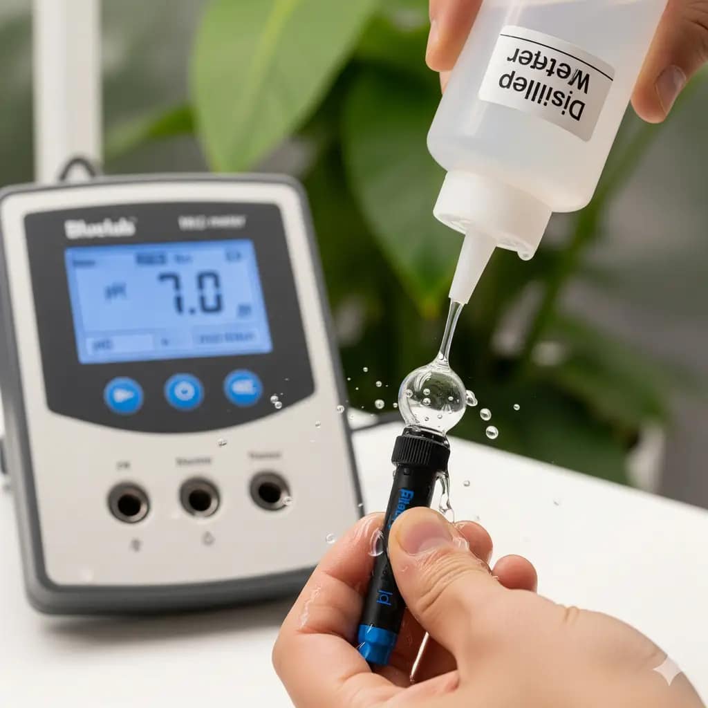 A person carefully cleaning a Bluelab pH probe with distilled water before replacing it on a mid-range hydroponic meter.