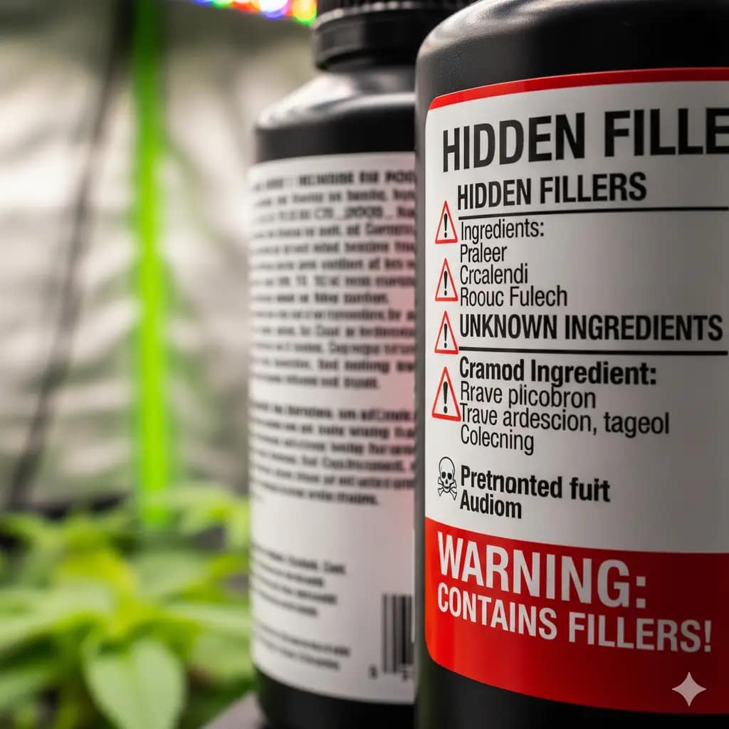  A close-up shot of a blurry, vague hydroponic nutrient label next to a clearly labeled one, showing the red flags of hidden fillers and ingredients.
