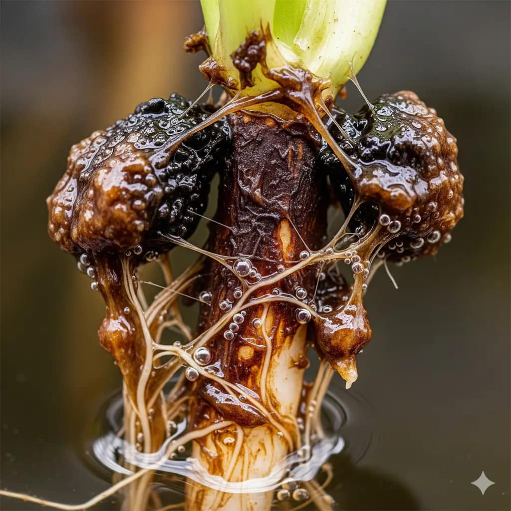 A close-up of a brown, slimy plant root from a DWC system, illustrating the common issue of hydroponic root rot from a lack of dissolved oxygen.