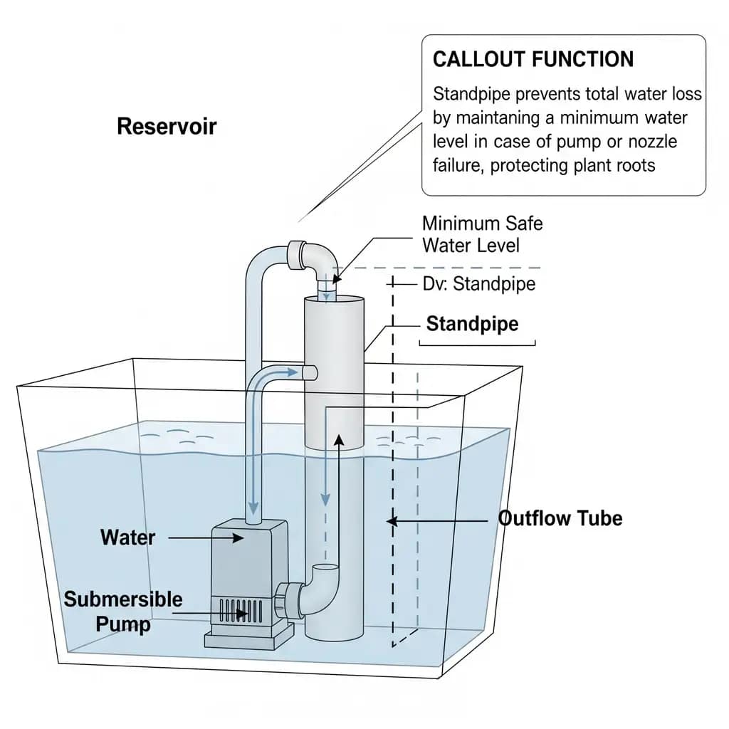A simple diagram showing the installation of a standpipe inside a hydroponic reservoir to prevent total water loss in the event of a pump or nozzle failure.
