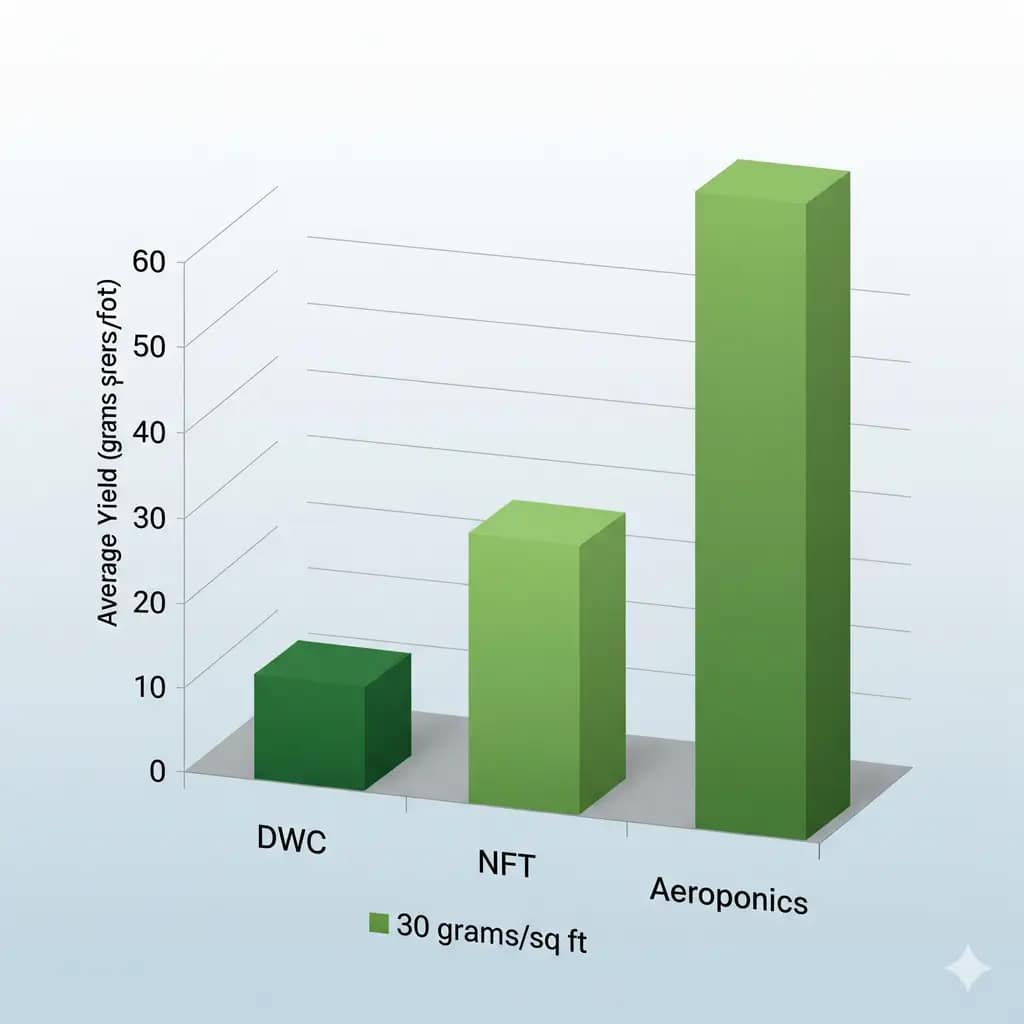 A bar chart comparing the average yields of DWC, NFT, and Aeroponics systems in grams per square foot.