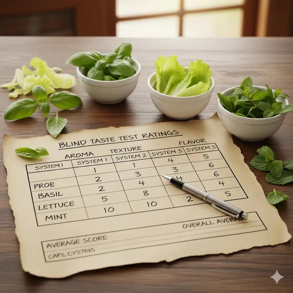 A table showing the blind taste test ratings for aroma, texture, and flavor for basil, lettuce, and mint grown in each of the three systems.