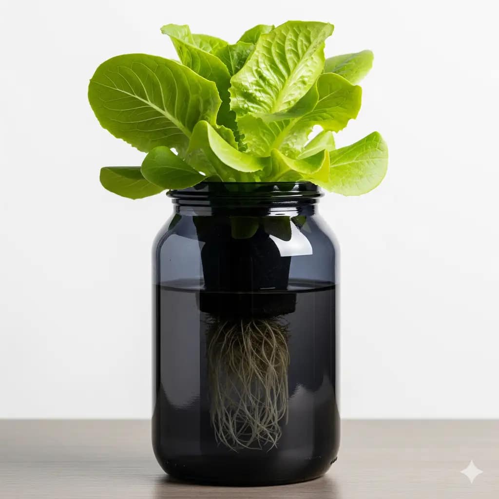 A single lettuce plant growing in a light-proof jar using the non-electric Kratky hydroponics method.