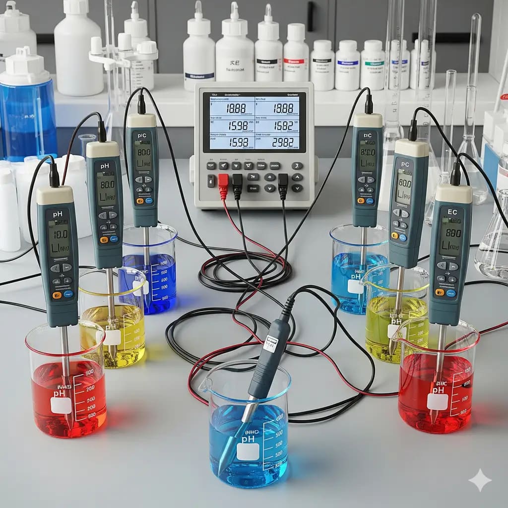  A lab setup showing various hydroponic pH and EC meters being tested simultaneously in different solutions with an external temperature compensation probe.