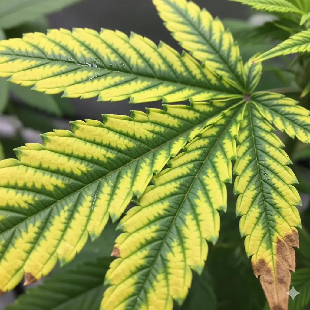 Magnesium deficiency in hydroponic cannabis | Interveinal chlorosis on older leaves