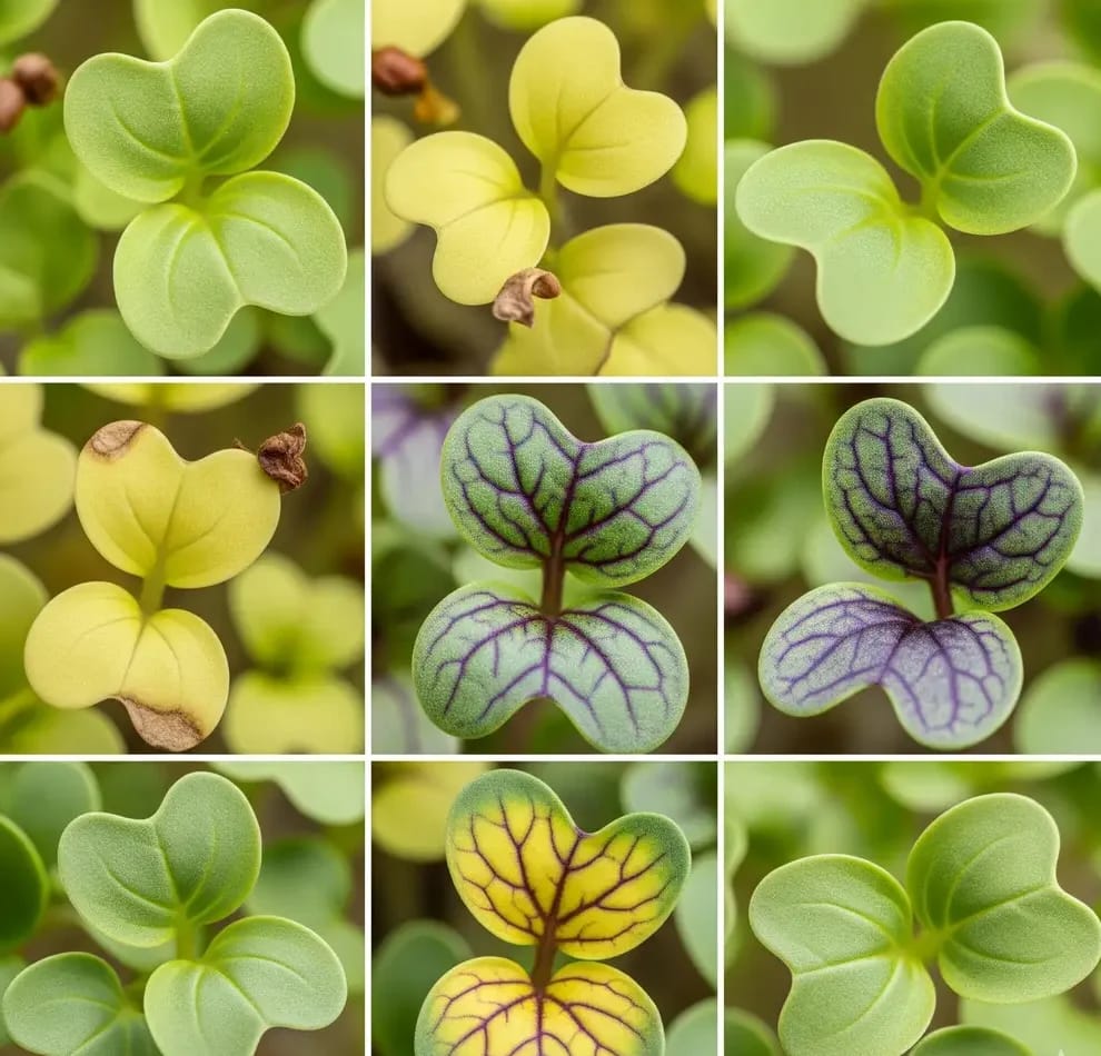 A macro, close-up collage of microgreen leaves showing visual signs of nutrient deficiencies like yellowing and purple veins.