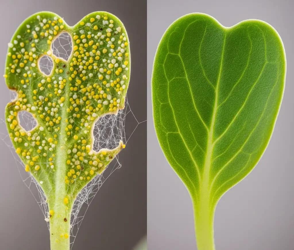 A close-up side-by-side shot of a microgreen leaf with spider mite damage versus a healthy leaf, showing the symptoms of pest infestation.
