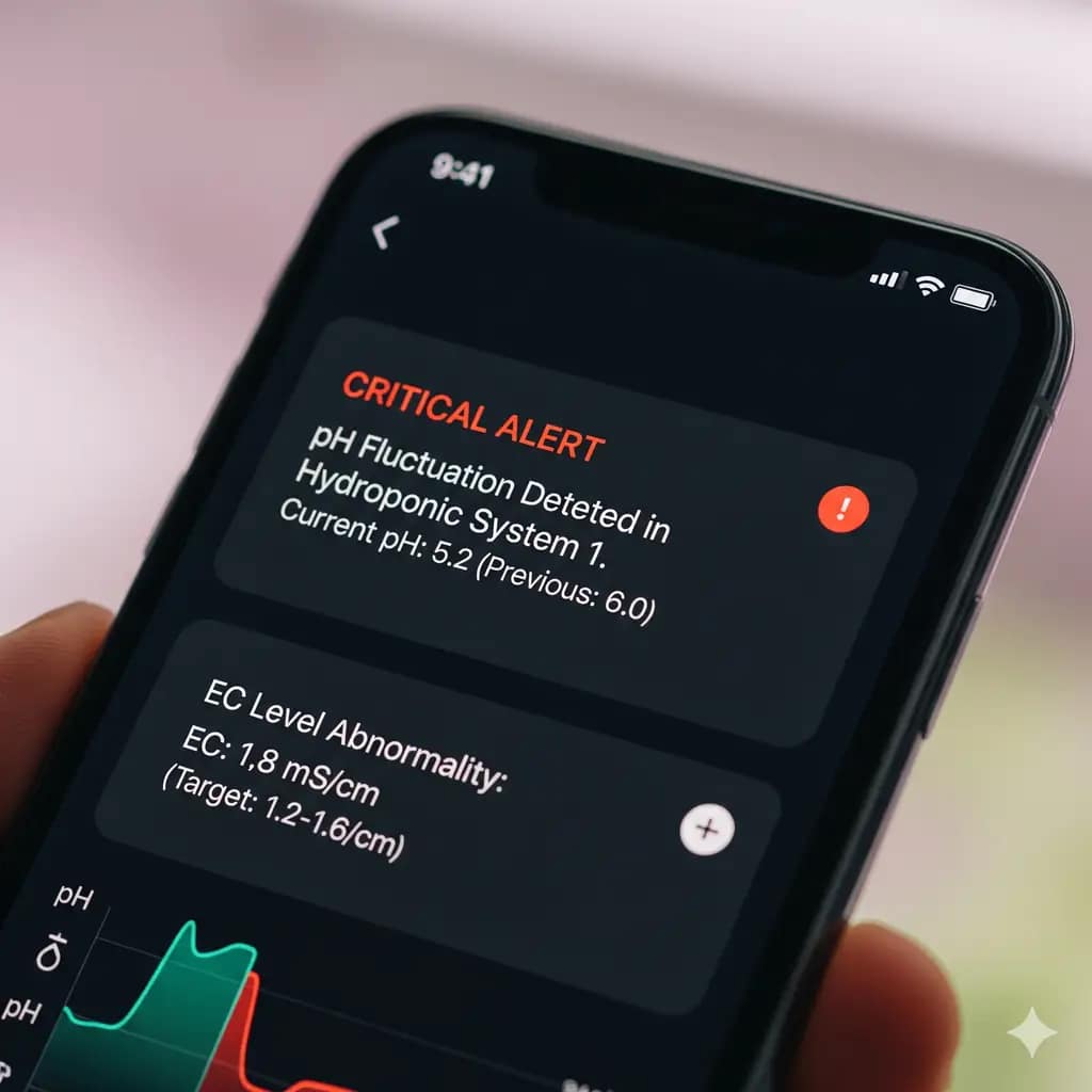 A smartphone screen displaying an SMS or app notification alerting a grower to a critical pH or EC fluctuation in their hydroponic system.