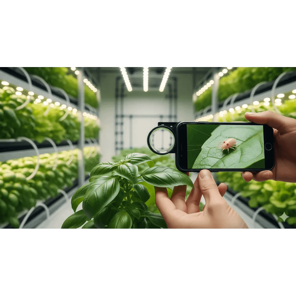 Thrips damage on hydroponic basil leaf | Silvery scarring and black fecal specks
