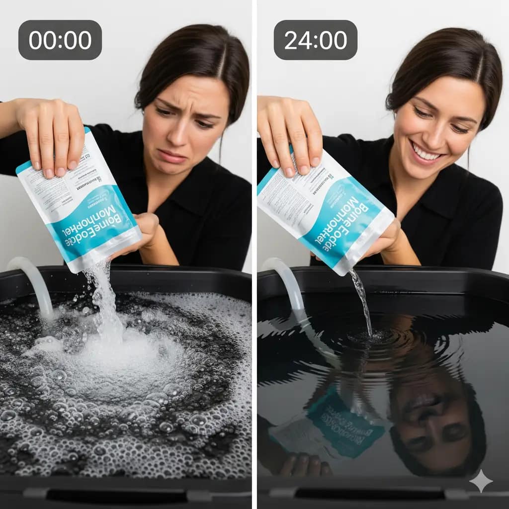 A visual guide demonstrating the correct timing for dosing beneficial microbes after a hydrogen peroxide flush in a hydroponic system.