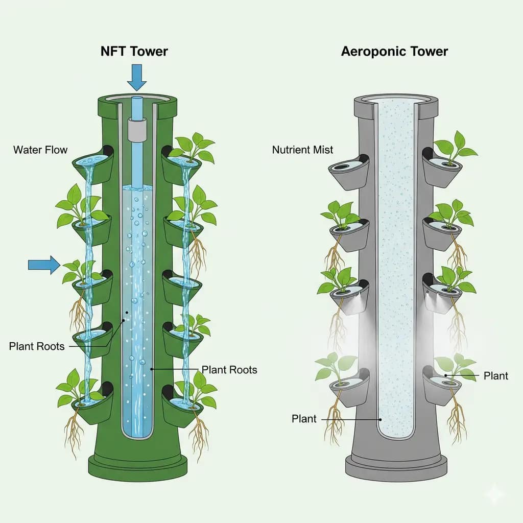 A diagram comparing the internal workings of an NFT tower, with water flowing down a pipe, and an aeroponic tower, with a nutrient mist in the interior.