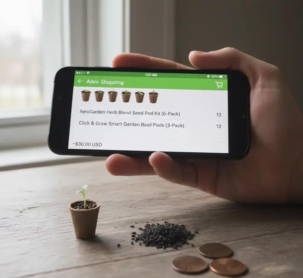 Comparison of the high cost of proprietary seed pods for hydroponic kits versus the low cost of bulk seeds.