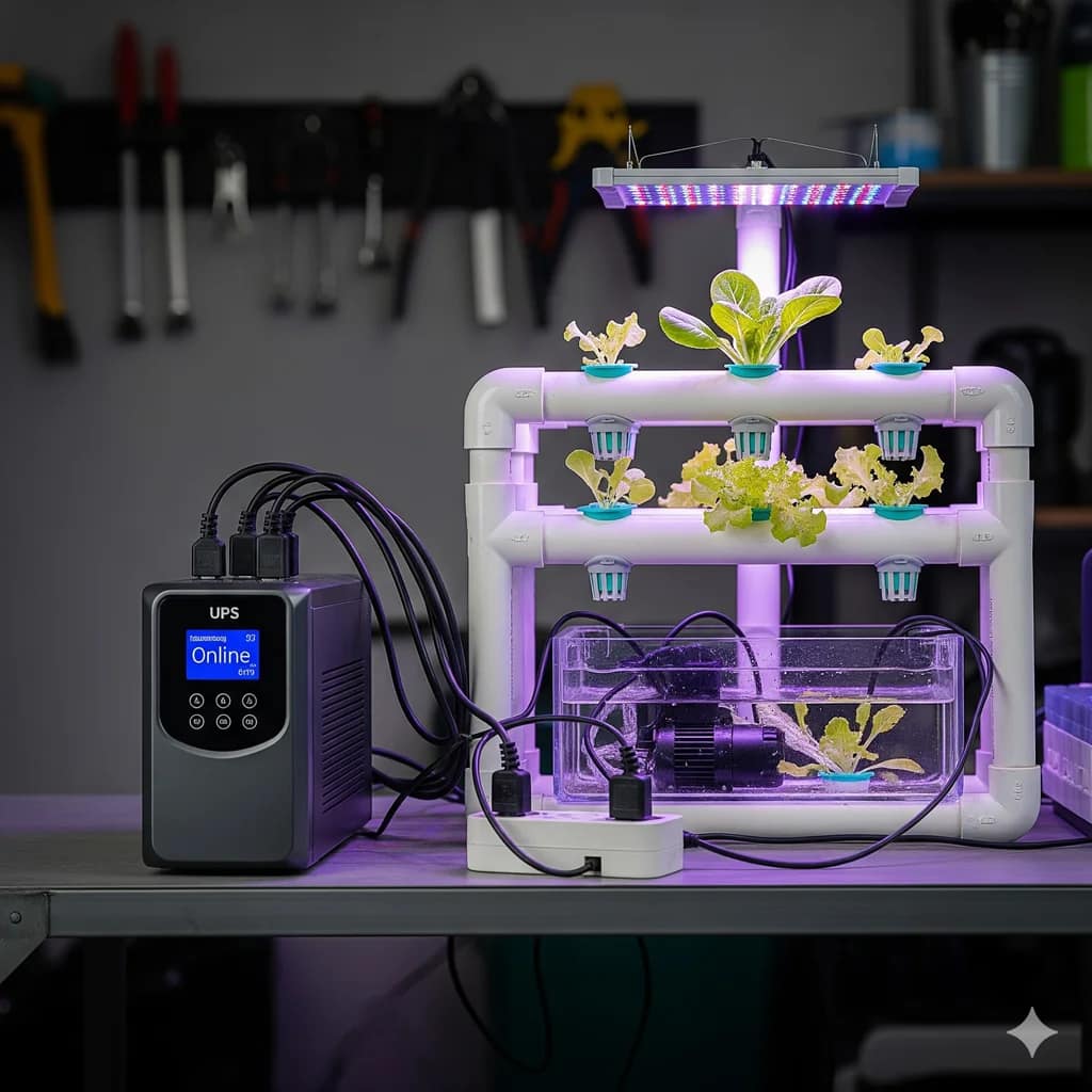 A photo of a small UPS (Uninterruptible Power Supply) plugged into a hydroponic system to provide emergency power during an outage.