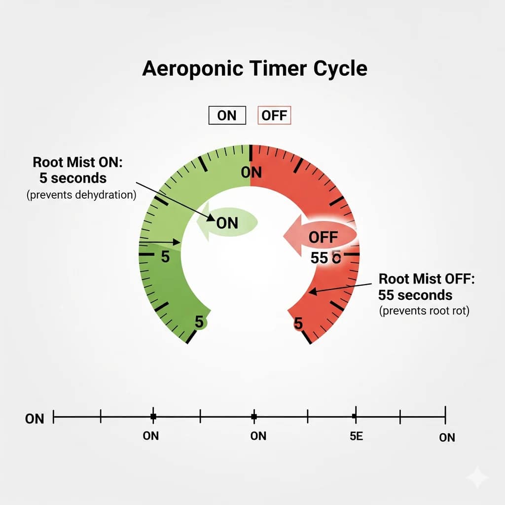  A diagram illustrating a precise aeroponic timer cycle with on/off intervals in seconds, a requirement for preventing root rot and dehydration.