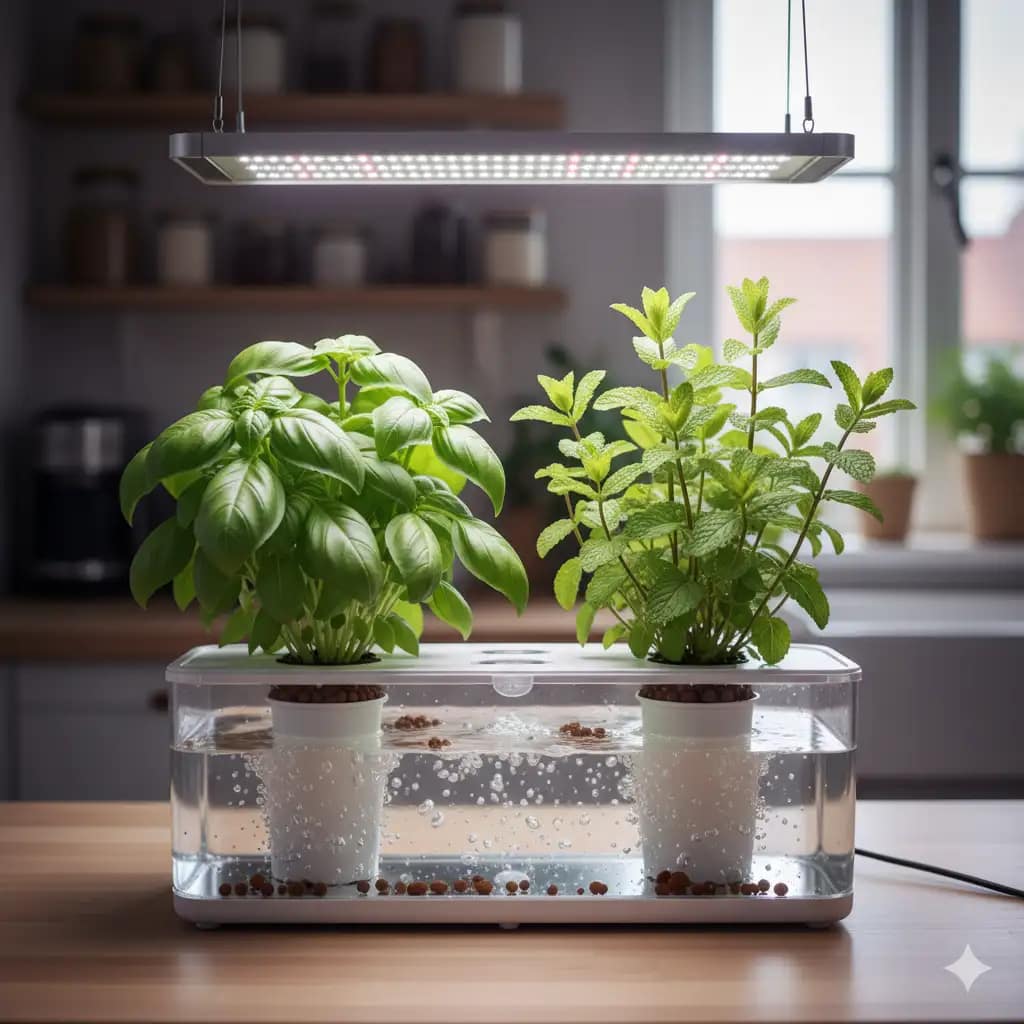 A side-by-side view of a thriving hydroponic basil plant and a mint plant in the same system.