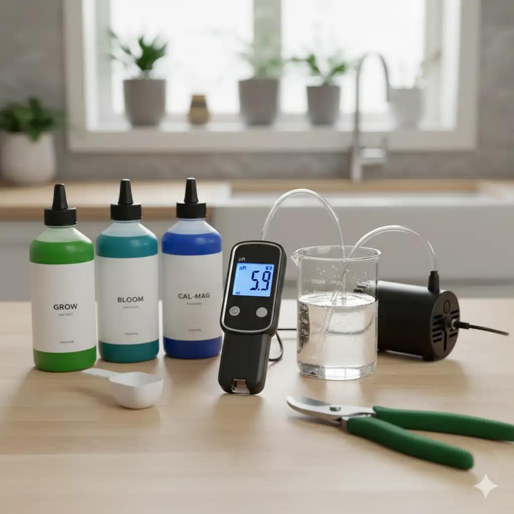 A collection of essential hydroponic tools, including a digital pH pen, air pump, and nutrients, on a clean surface.