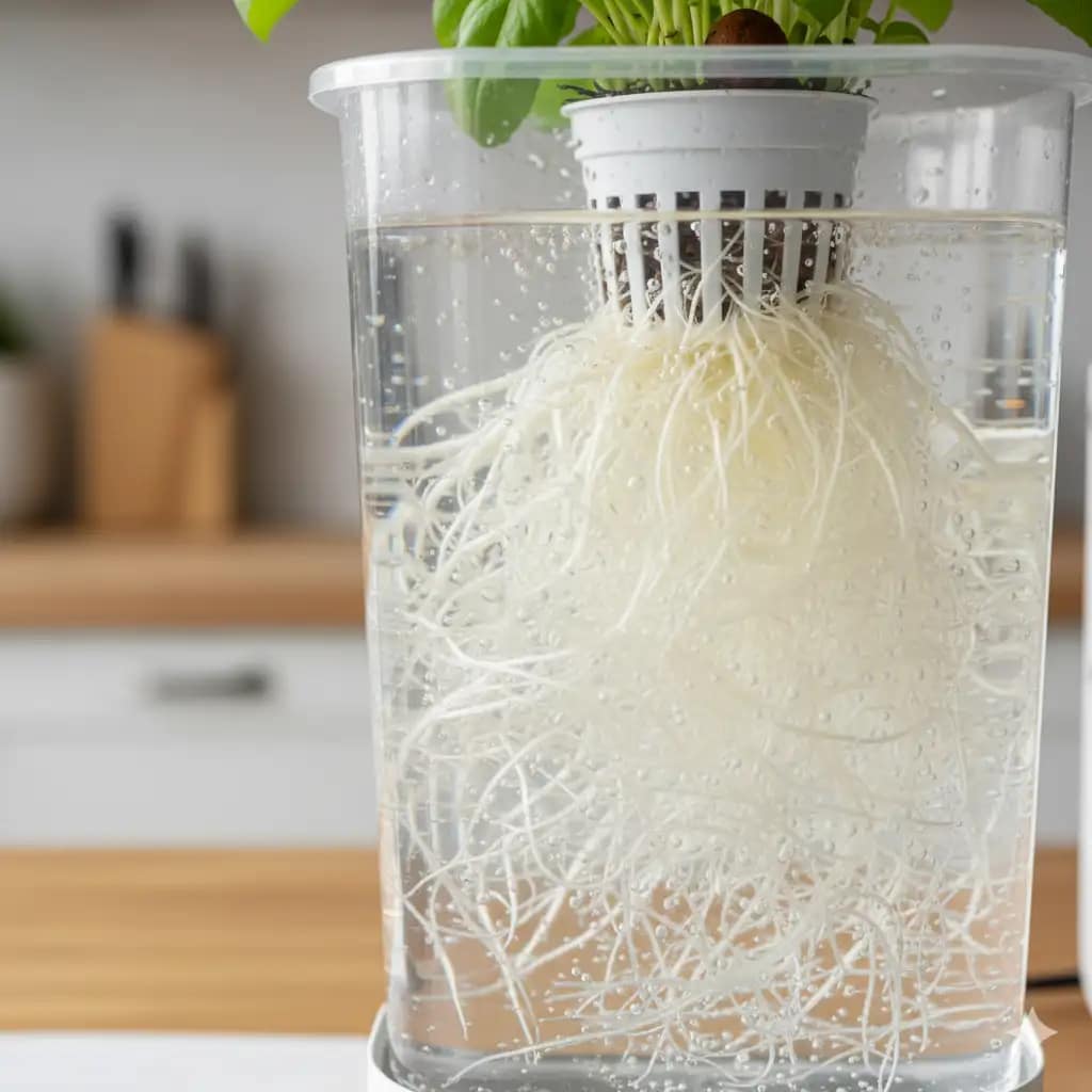 A close-up of healthy, white roots from a hydroponic herb plant, showcasing the clean root system.