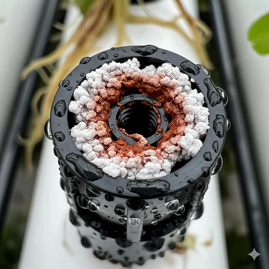 A close-up of a clogged hydroponic nozzle with visible mineral buildup, illustrating a common point of failure for vertical gardens.