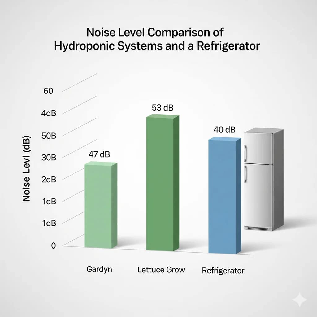  A bar chart comparing the noise levels of the Gardyn (47 dB) and Lettuce Grow (53 dB) to a common household appliance like a refrigerator.